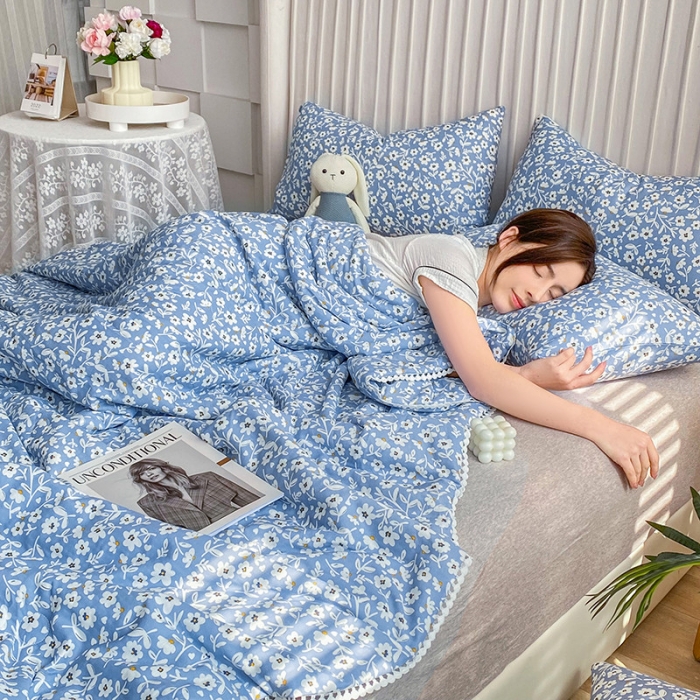 91家纺网 家纺一手货源 找家纺 吾秀家居  2022新款A类全棉有氧双层纱夏被 恬淡-蓝