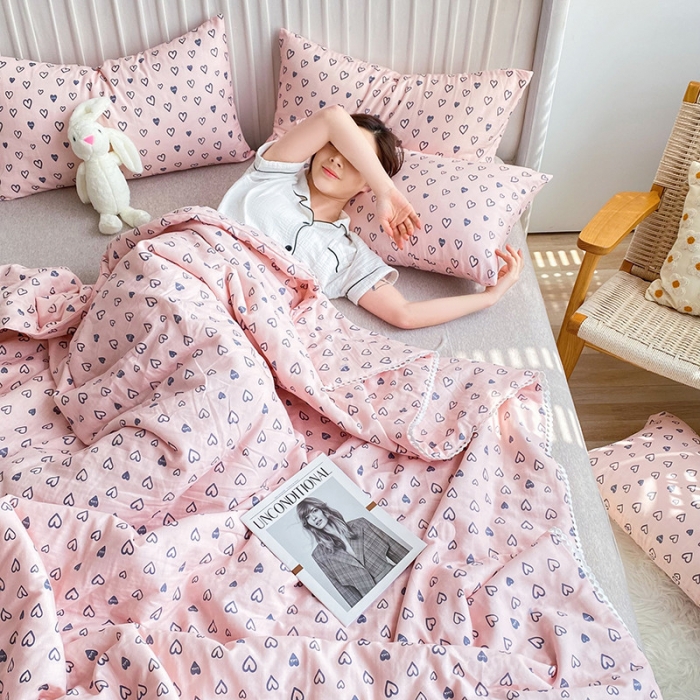 91家纺网 家纺一手货源 找家纺 吾秀家居  2022新款A类全棉有氧双层纱夏被 幸运星-粉