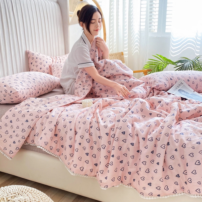 91家纺网 家纺一手货源 找家纺 吾秀家居  2022新款A类全棉有氧双层纱夏被 幸运星-粉