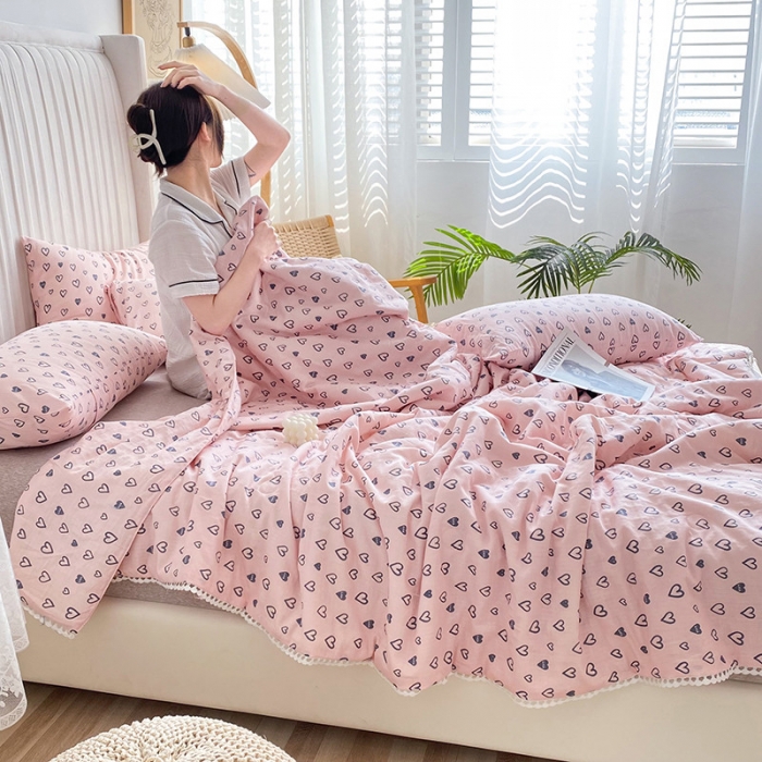 91家纺网 家纺一手货源 找家纺 吾秀家居  2022新款A类全棉有氧双层纱夏被 幸运星-粉