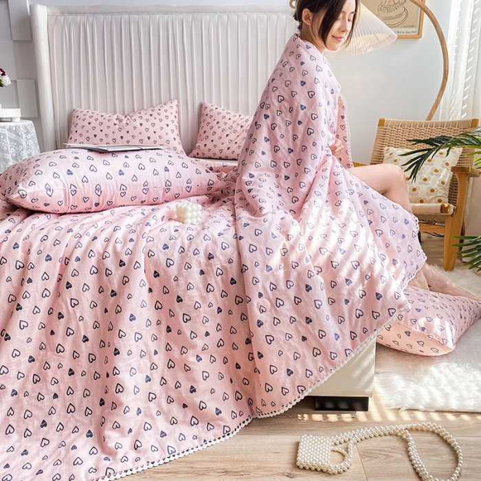 91家纺网 家纺一手货源 找家纺 吾秀家居  2022新款A类全棉有氧双层纱夏被 幸运星-粉