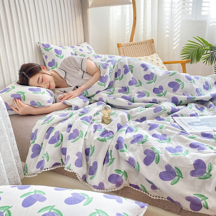 91家纺网 家纺一手货源 找家纺 吾秀家居  2022新款A类全棉有氧双层纱夏被 紫苏叶