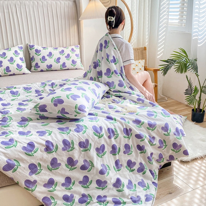 91家纺网 家纺一手货源 找家纺 吾秀家居  2022新款A类全棉有氧双层纱夏被 紫苏叶