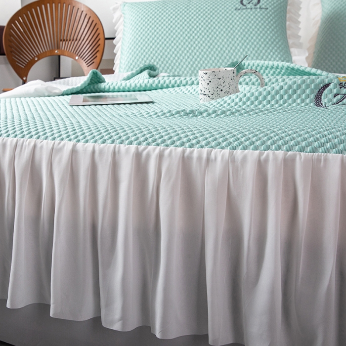 91家纺网 家纺一手货源 找家纺 佳居缘 2022新款冰豆豆冷感床裙款凉席三件套 清雅绿