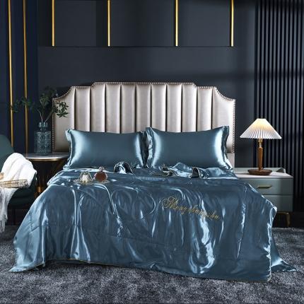 91家纺网 家纺一手货源 找家纺 梦尚舒2025年新款水洗天丝夏被四件套真丝冰丝夏凉被 月光蓝