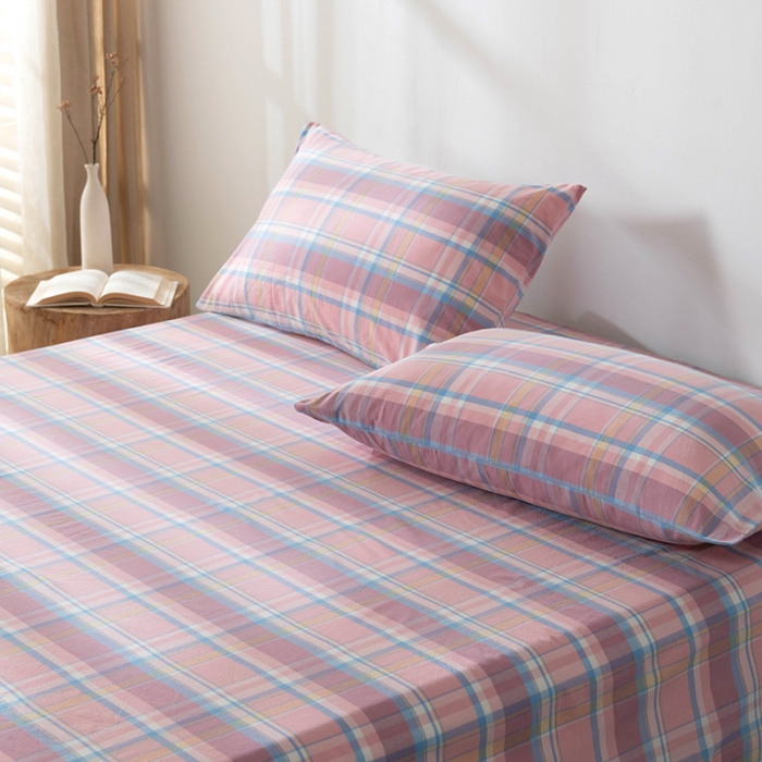 91家纺网 家纺一手货源 找家纺 久典 2022新款色织全棉水洗棉单品床单 韶华粉