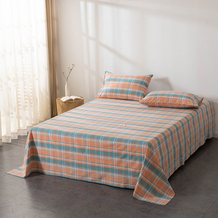 91家纺网 家纺一手货源 找家纺 久典 2022新款色织全棉水洗棉单品床单 韶华桔