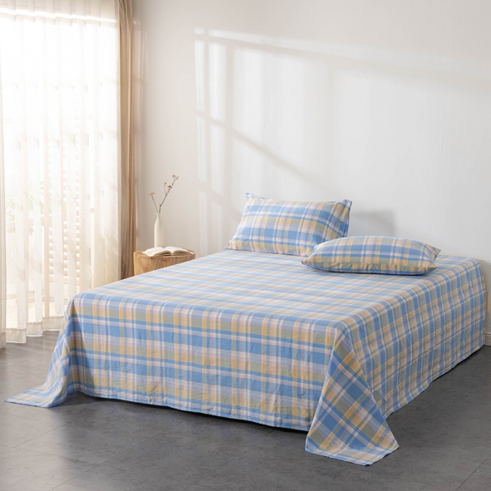 91家纺网 家纺一手货源 找家纺 久典 2022新款色织全棉水洗棉单品床单 韶华蓝