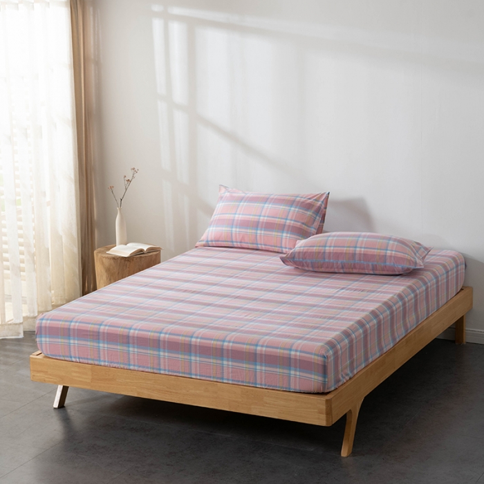 91家纺网 家纺一手货源 找家纺 久典 2022新款色织全棉水洗棉单品床笠 韶华粉