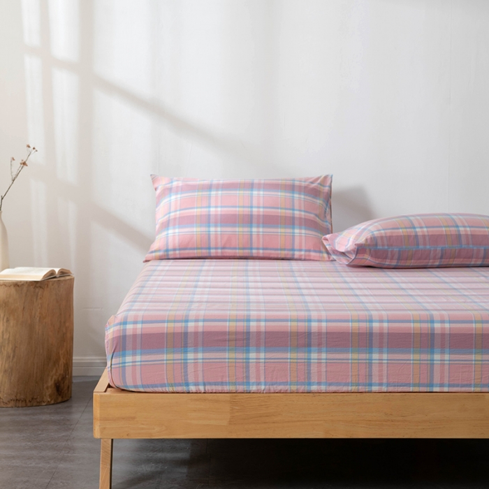 91家纺网 家纺一手货源 找家纺 久典 2022新款色织全棉水洗棉单品床笠 韶华粉