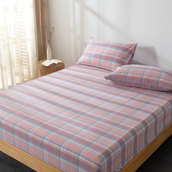 91家纺网 家纺一手货源 找家纺 久典 2022新款色织全棉水洗棉单品床笠 韶华粉