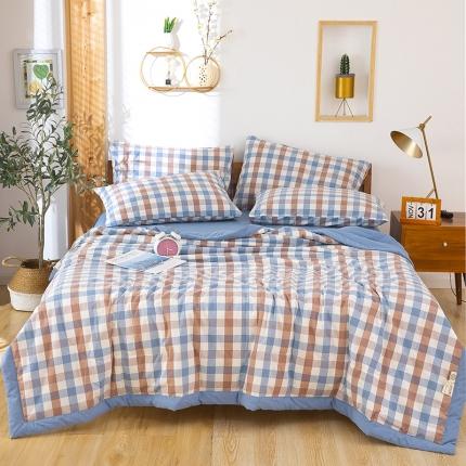 91家纺网 家纺一手货源 找家纺 天瑜 2024新款棉花芯色织水洗棉夏被 蓝咖中格