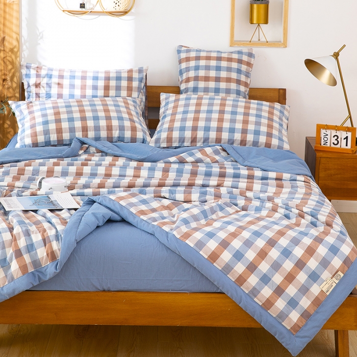 91家纺网 家纺一手货源 找家纺 天瑜 2024新款棉花芯色织水洗棉夏被 蓝咖中格