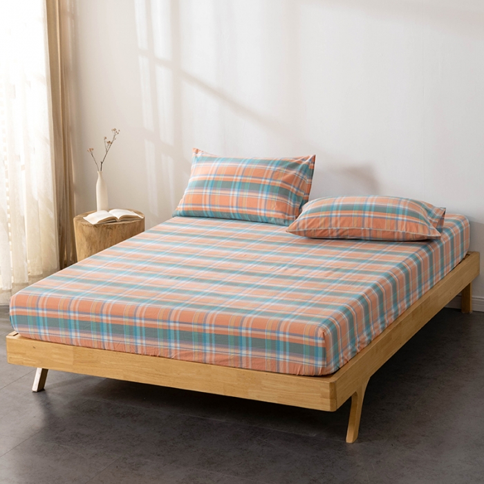 91家纺网 家纺一手货源 找家纺 久典 2022新款色织全棉水洗棉单品床笠 韶华桔