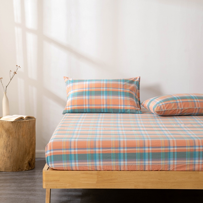 91家纺网 家纺一手货源 找家纺 久典 2022新款色织全棉水洗棉单品床笠 韶华桔