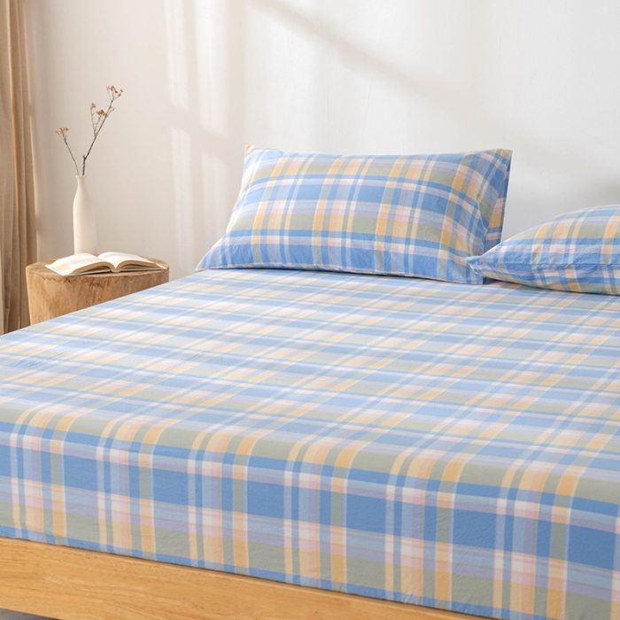 91家纺网 家纺一手货源 找家纺 久典 2022新款色织全棉水洗棉单品床笠 韶华蓝