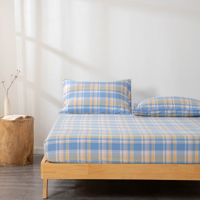 91家纺网 家纺一手货源 找家纺 久典 2022新款色织全棉水洗棉单品床笠 韶华蓝