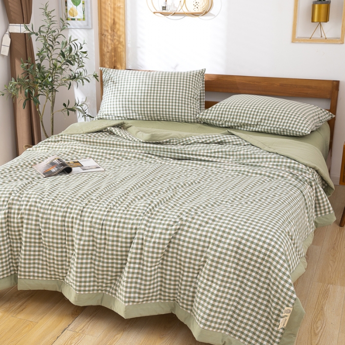 91家纺网 家纺一手货源 找家纺 天瑜 2024新款棉花芯色织水洗棉夏被 绿小格