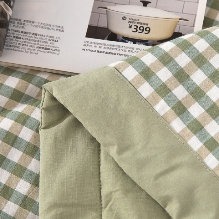 91家纺网 家纺一手货源 找家纺 天瑜 2024新款棉花芯色织水洗棉夏被 绿小格