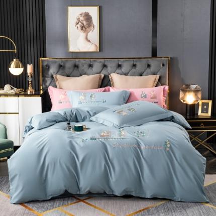 91家纺网 家纺一手货源 找家纺 昊翔2024新款澳棉水洗棉轻奢风刺绣款四件套沁苑-浅兰