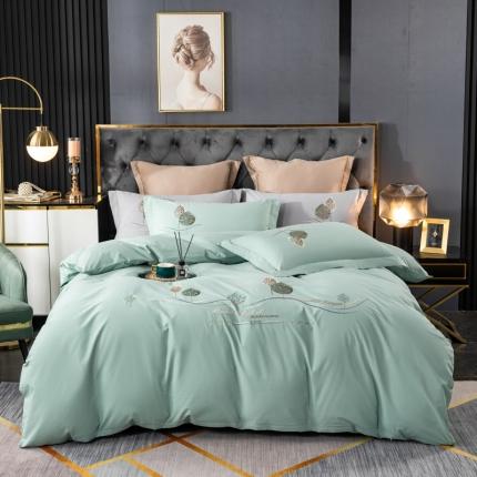 91家纺网 家纺一手货源 找家纺 昊翔2024澳棉水洗棉轻奢风刺绣款四件套森林派对艾草绿