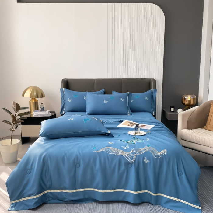 91家纺网 家纺一手货源 找家纺 (总) 吾诺 2022 蝶舞刺绣水洗天丝夏被四件套 水洗真丝