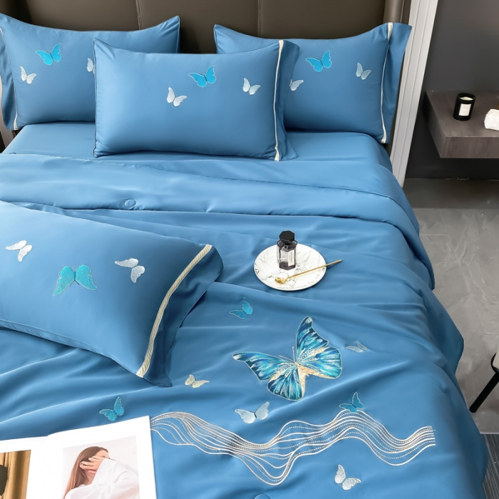 91家纺网 家纺一手货源 找家纺 (总) 吾诺 2022 蝶舞刺绣水洗天丝夏被四件套 水洗真丝