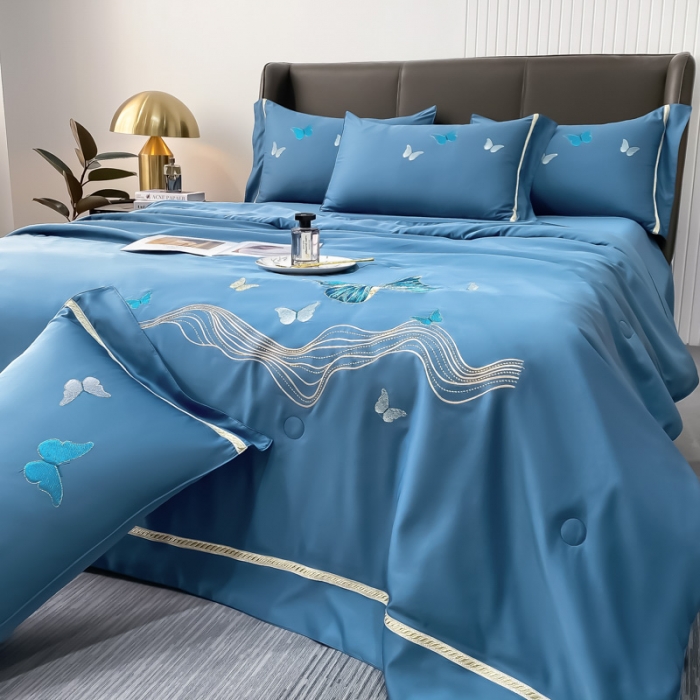 91家纺网 家纺一手货源 找家纺 (总) 吾诺 2022 蝶舞刺绣水洗天丝夏被四件套 水洗真丝