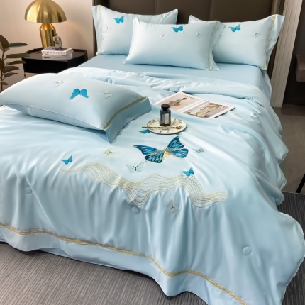 91家纺网 家纺一手货源 找家纺 (总) 吾诺 2022 蝶舞刺绣水洗天丝夏被四件套 水洗真丝