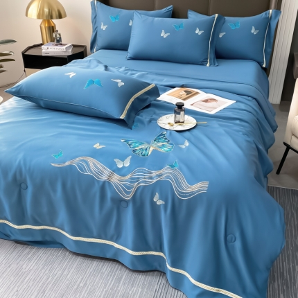 91家纺网 家纺一手货源 找家纺 (总) 吾诺 2022 蝶舞刺绣水洗天丝夏被四件套 水洗真丝