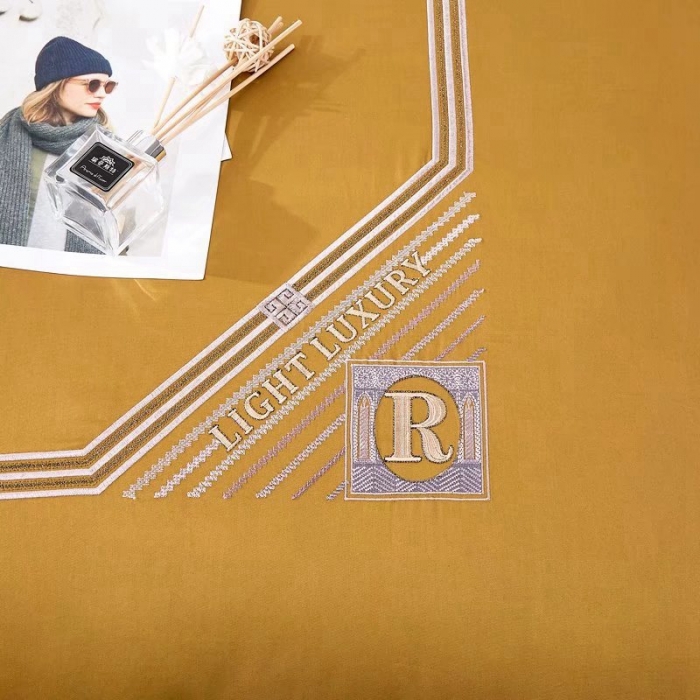 91家纺网 家纺一手货源 找家纺 威克凯丽2022全工艺绣花100支长绒棉四件套兰迪摩尔-黄