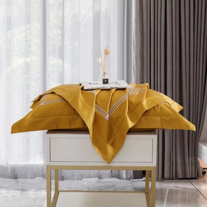 91家纺网 家纺一手货源 找家纺 威克凯丽2022全工艺绣花100支长绒棉四件套兰迪摩尔-黄