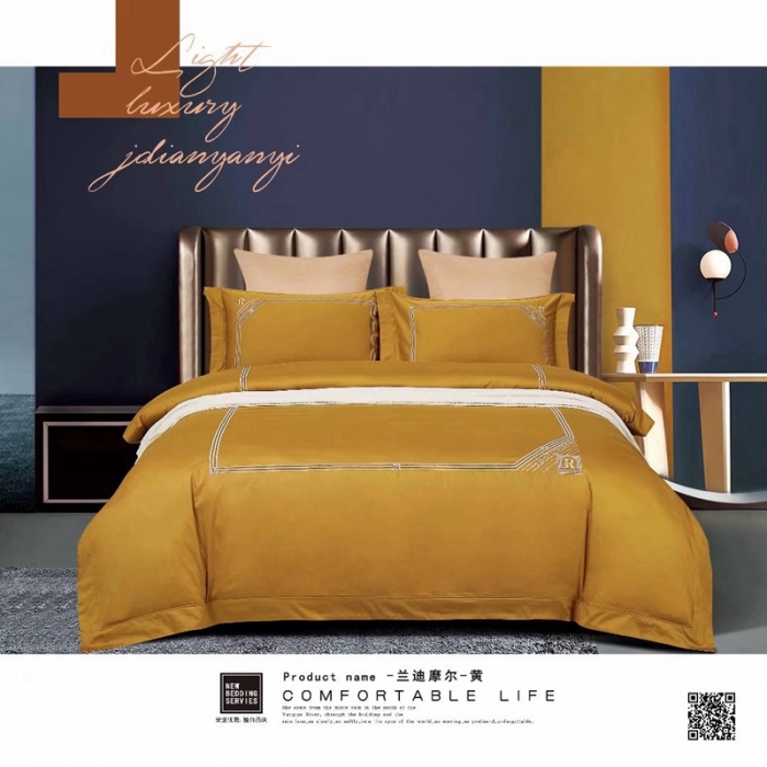 91家纺网 家纺一手货源 找家纺 威克凯丽2022全工艺绣花100支长绒棉四件套兰迪摩尔-黄