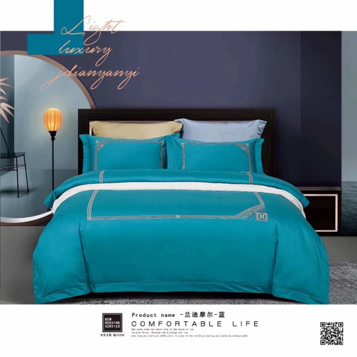 91家纺网 家纺一手货源 找家纺 威克凯丽2022全工艺绣花100支长绒棉四件套兰迪摩尔-蓝