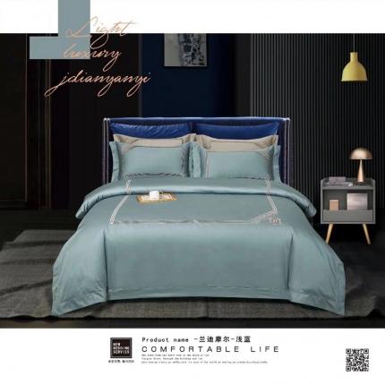 威克凯丽2022全工艺绣花100支长绒棉四件套兰迪摩尔-浅蓝