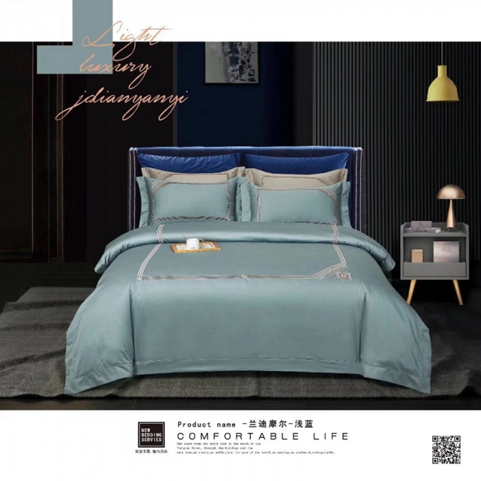 91家纺网 家纺一手货源 找家纺 威克凯丽2022全工艺绣花100支长绒棉四件套兰迪摩尔-浅蓝