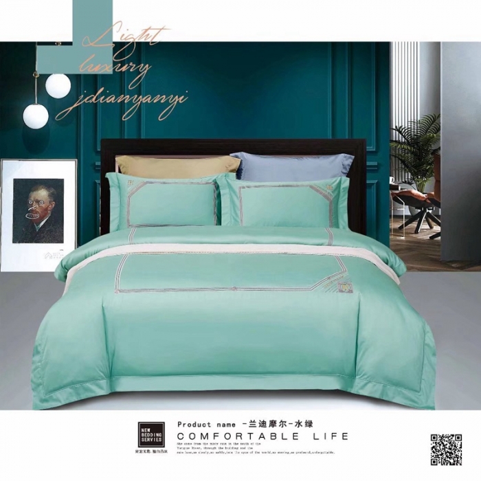 91家纺网 家纺一手货源 找家纺 威克凯丽2022全工艺绣花100支长绒棉四件套兰迪摩尔-水绿