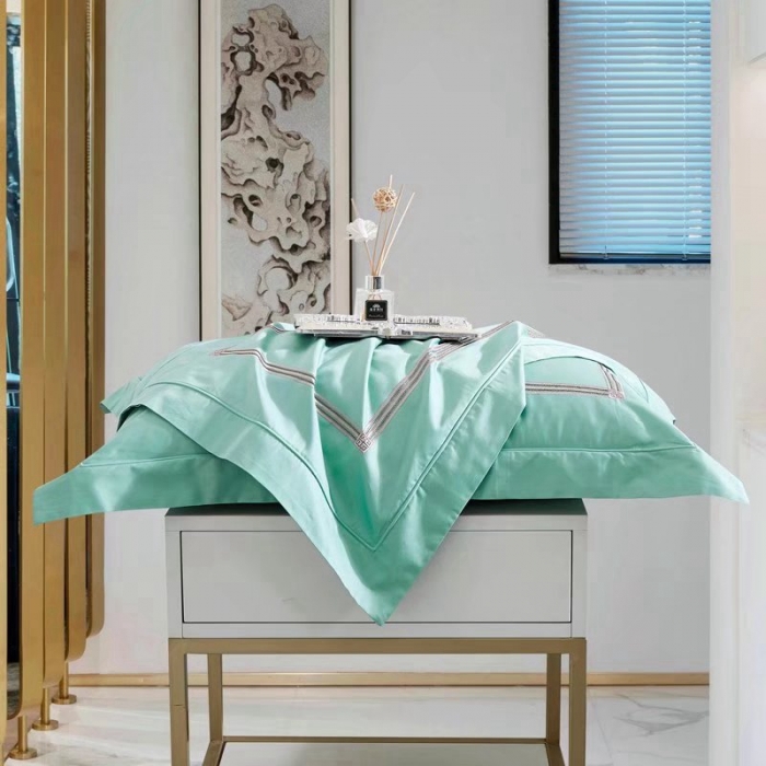 91家纺网 家纺一手货源 找家纺 威克凯丽2022全工艺绣花100支长绒棉四件套兰迪摩尔-水绿