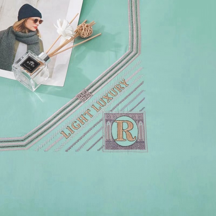 91家纺网 家纺一手货源 找家纺 威克凯丽2022全工艺绣花100支长绒棉四件套兰迪摩尔-水绿