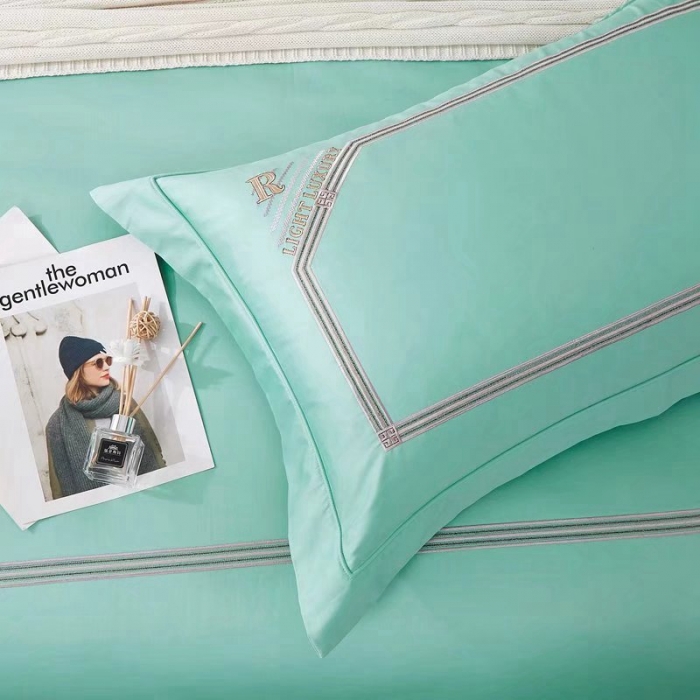 91家纺网 家纺一手货源 找家纺 威克凯丽2022全工艺绣花100支长绒棉四件套兰迪摩尔-水绿