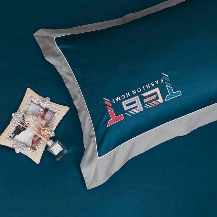 91家纺网 家纺一手货源 找家纺 威克凯丽2022全工艺绣花100支长绒棉四件套西雅图-蓝