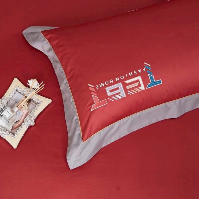 91家纺网 家纺一手货源 找家纺 威克凯丽2022全工艺绣花100支长绒棉四件套西雅图-铁锈红