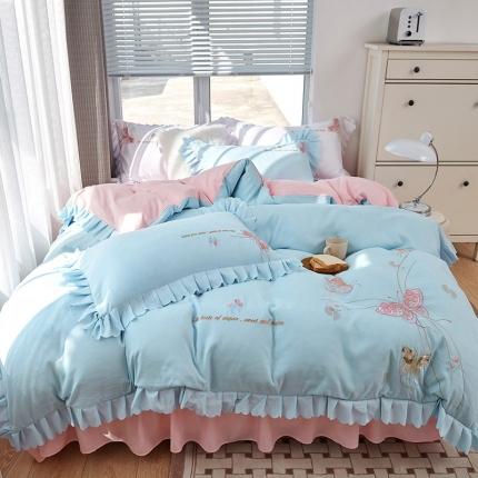 91家纺网 家纺一手货源 找家纺 包小包 2024春夏新款韩版蝶舞系列臻丝棉四件套 晴空蓝