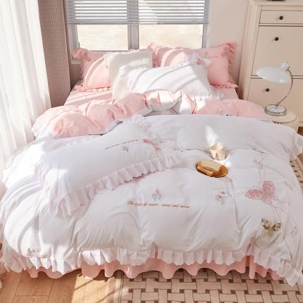 91家纺网 家纺一手货源 找家纺 包小包 2024春夏新款韩版蝶舞系列臻丝棉四件套 粉白双拼