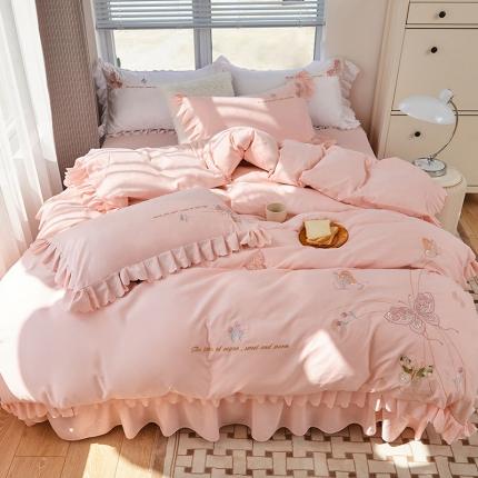 91家纺网 家纺一手货源 找家纺 包小包 2024春夏新款韩版蝶舞系列臻丝棉四件套 甜杏粉