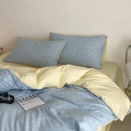 91家纺网 家纺一手货源 找家纺 (总)梦享生活 2022新款水洗棉华夫格双拼四件套,华夫格焦糖,华夫格芒果黄双拼,华夫格奶白,华夫格水蓝纯色,华夫格水蓝双拼