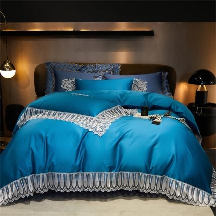 91家纺网 家纺一手货源 找家纺 2023名品优仓直播爆款奥黛丽系列100s长绒棉四件套 奥黛丽 子午蓝