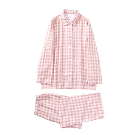 唐美 2022新款纯棉双层纱睡衣 005-粉红色格子（女款）