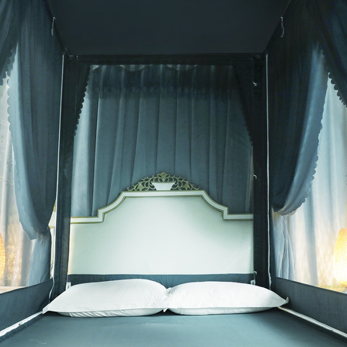 91家纺网 家纺一手货源 找家纺 多功能二合一蚊帐坐床落地蚊帐 雾霾蓝（坐床配落地布帘）