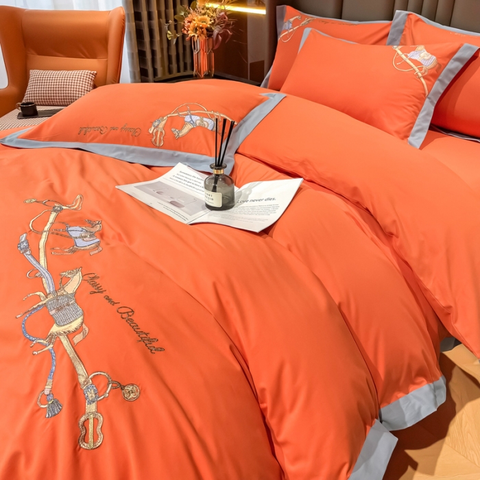 91家纺网 家纺一手货源 找家纺 雲归梦 2022生态磨毛绣花加厚四件套（直播爆款）爱丁堡-橙